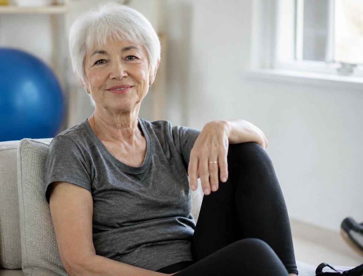 An older adult continuing her movement progress after rehabilitation