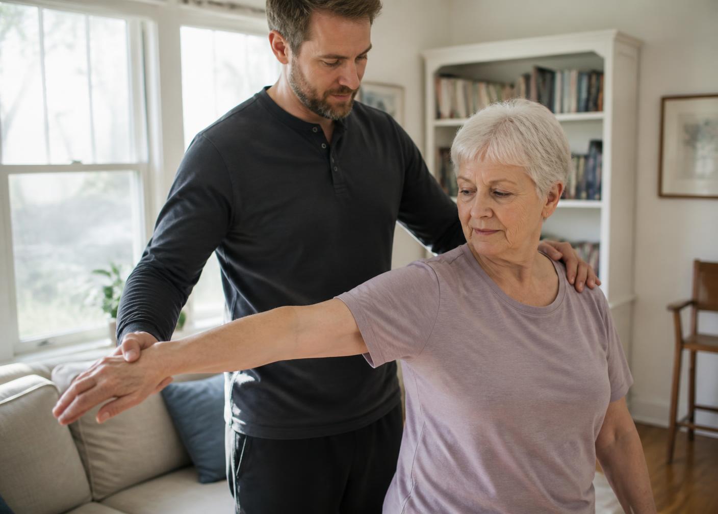 A movement coach guiding an older woman through an assessment in her living room