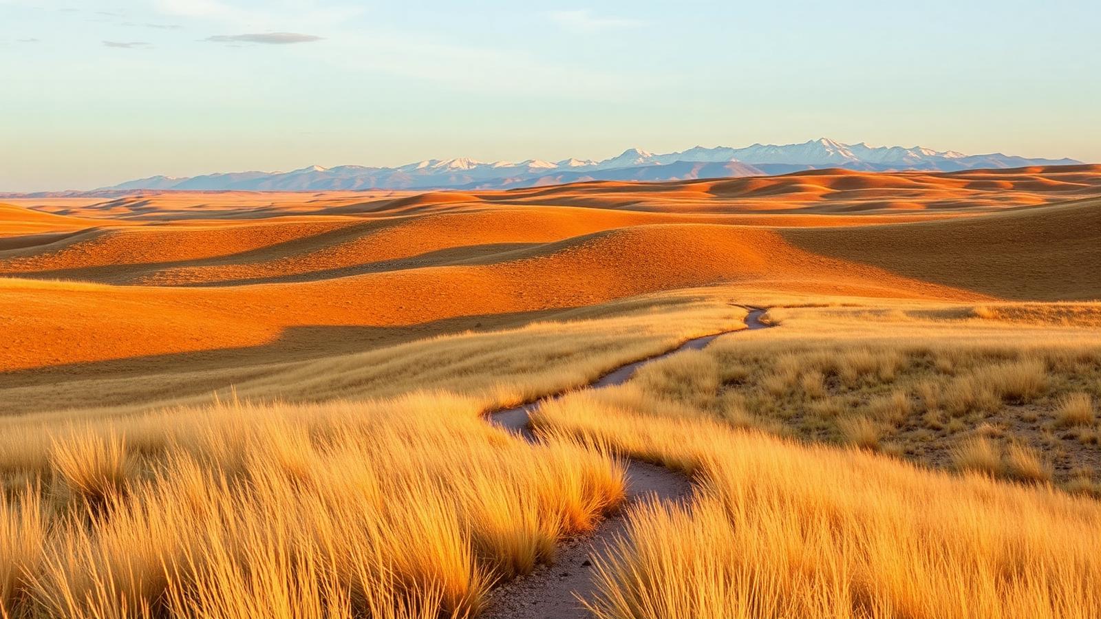 A walking trail through Colorado foothills at golden hour