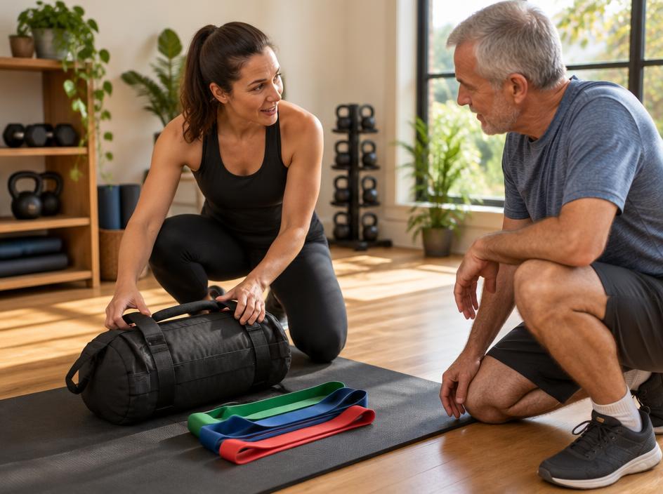 Coach laying out a sandbag and resistance bands while talking with an older client