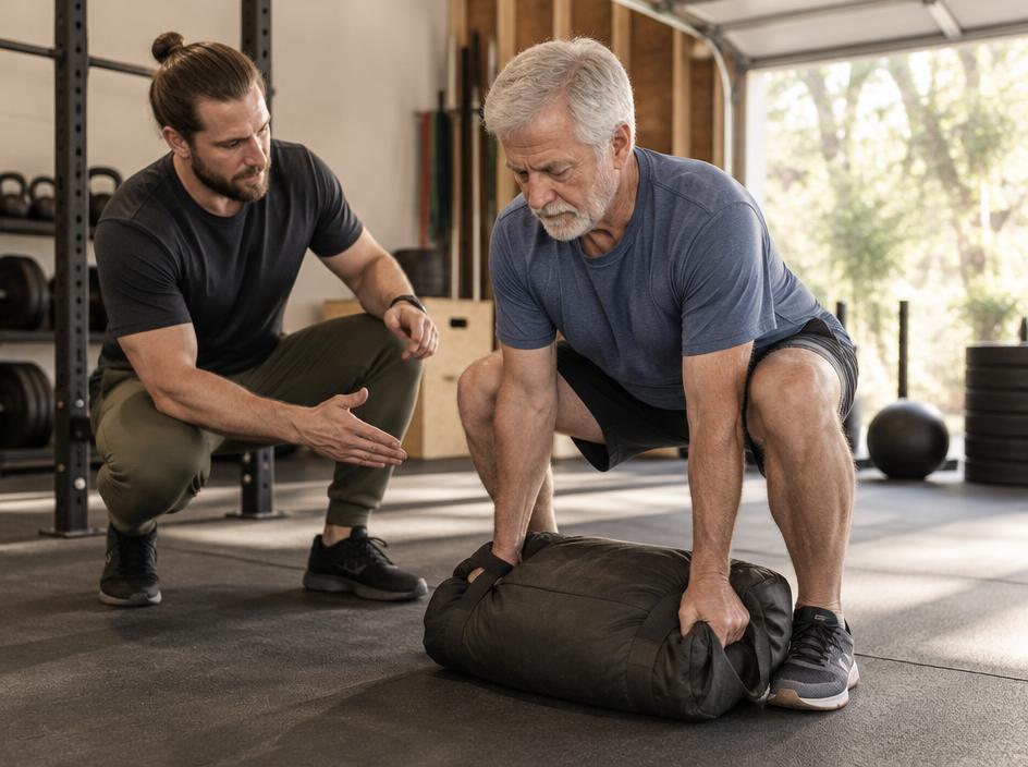 Coach guiding an older man lifting a sandbag from the floor with careful form