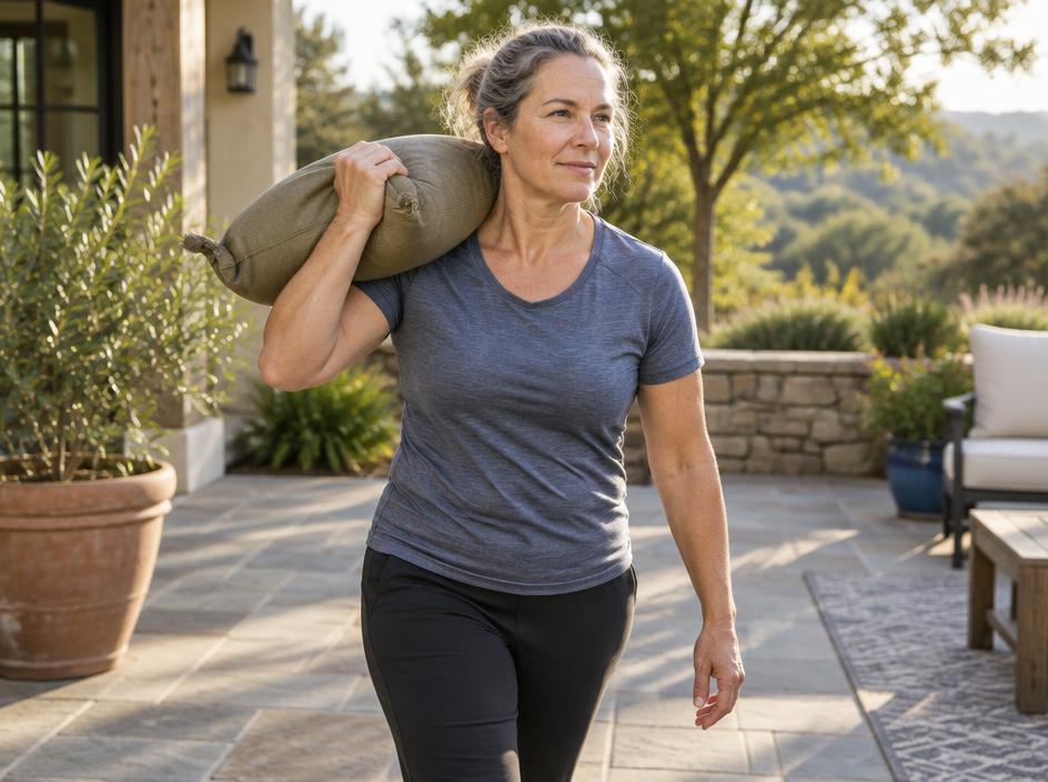 Woman in her fifties carrying a sandbag on her shoulder across a sunny patio