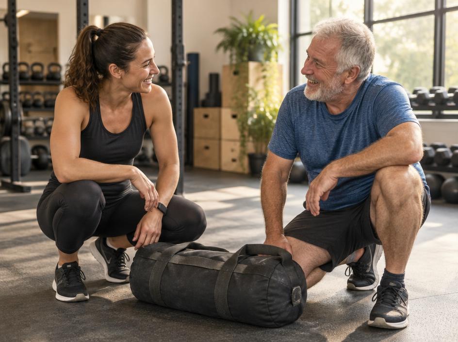 Coach and older client smiling and talking after a session, sandbag between them