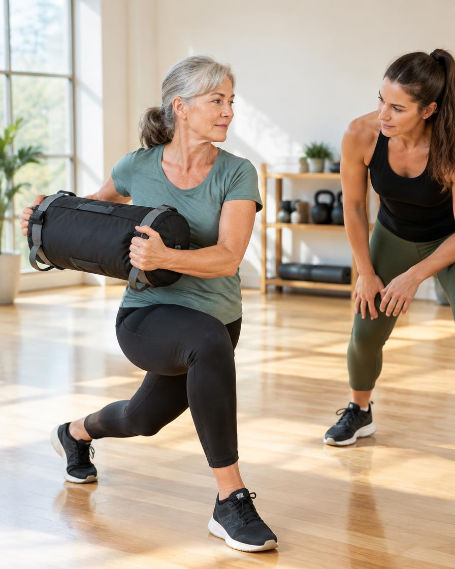 Older woman holding a training sandbag in a controlled rotational lunge as a coach looks on