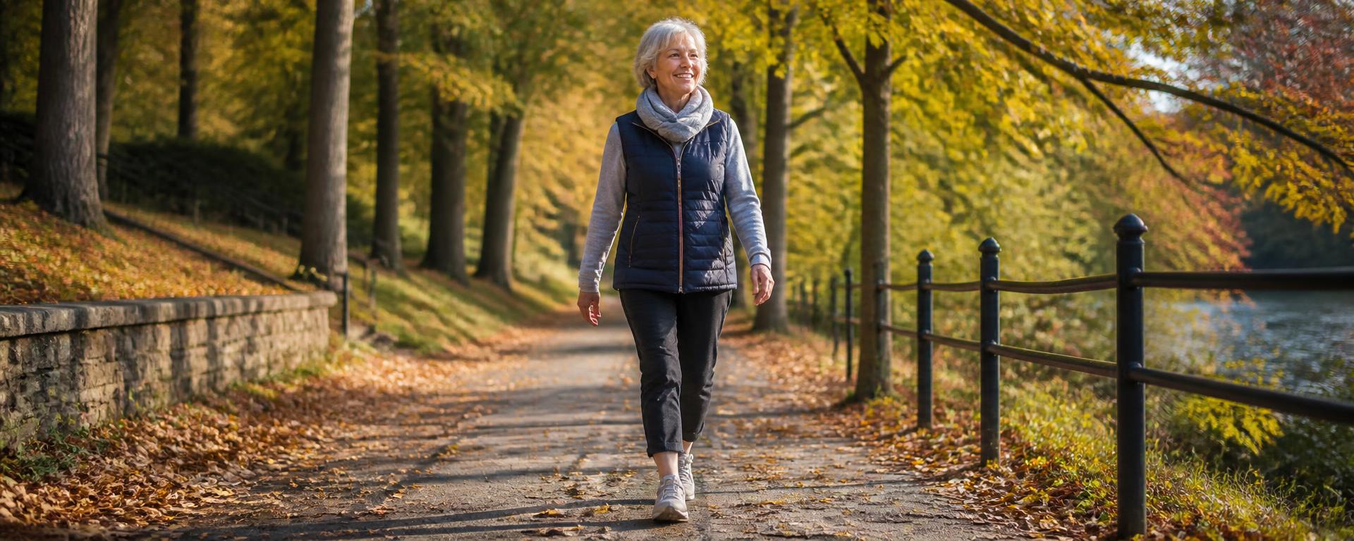 A woman in her sixties walking confidently along a tree-lined path on an autumn morning