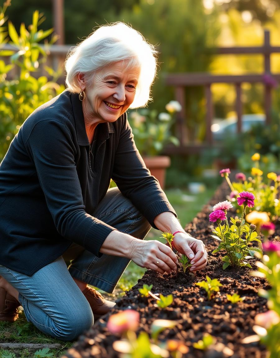 A woman in her sixties kneeling comfortably in her garden