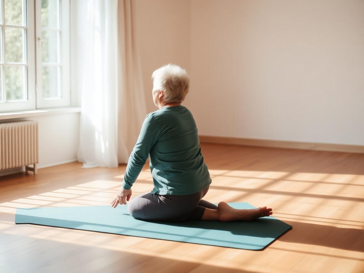 An older woman performing a slow spinal mobility movement on a mat