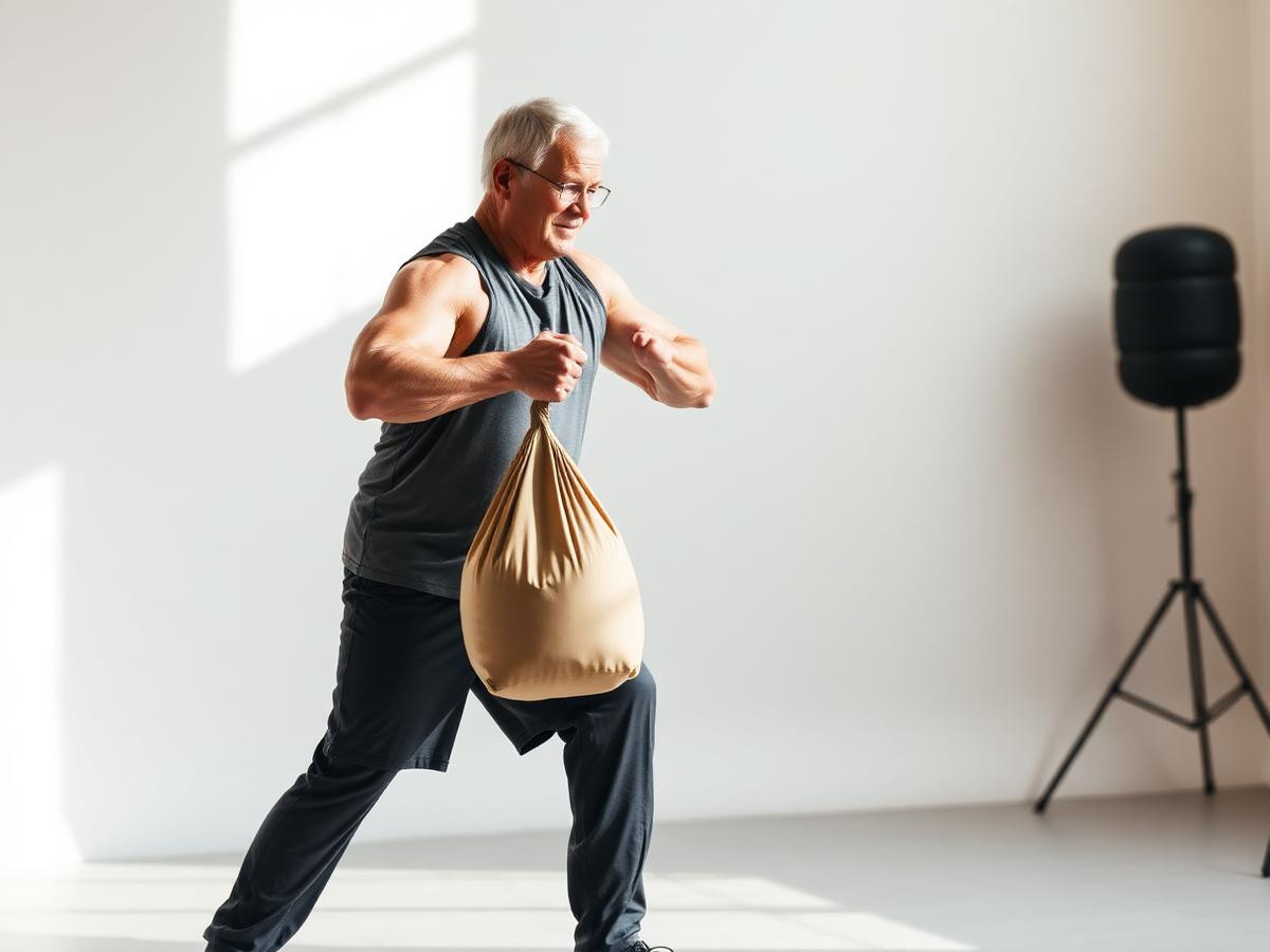 An older man performing a controlled sandbag strength exercise
