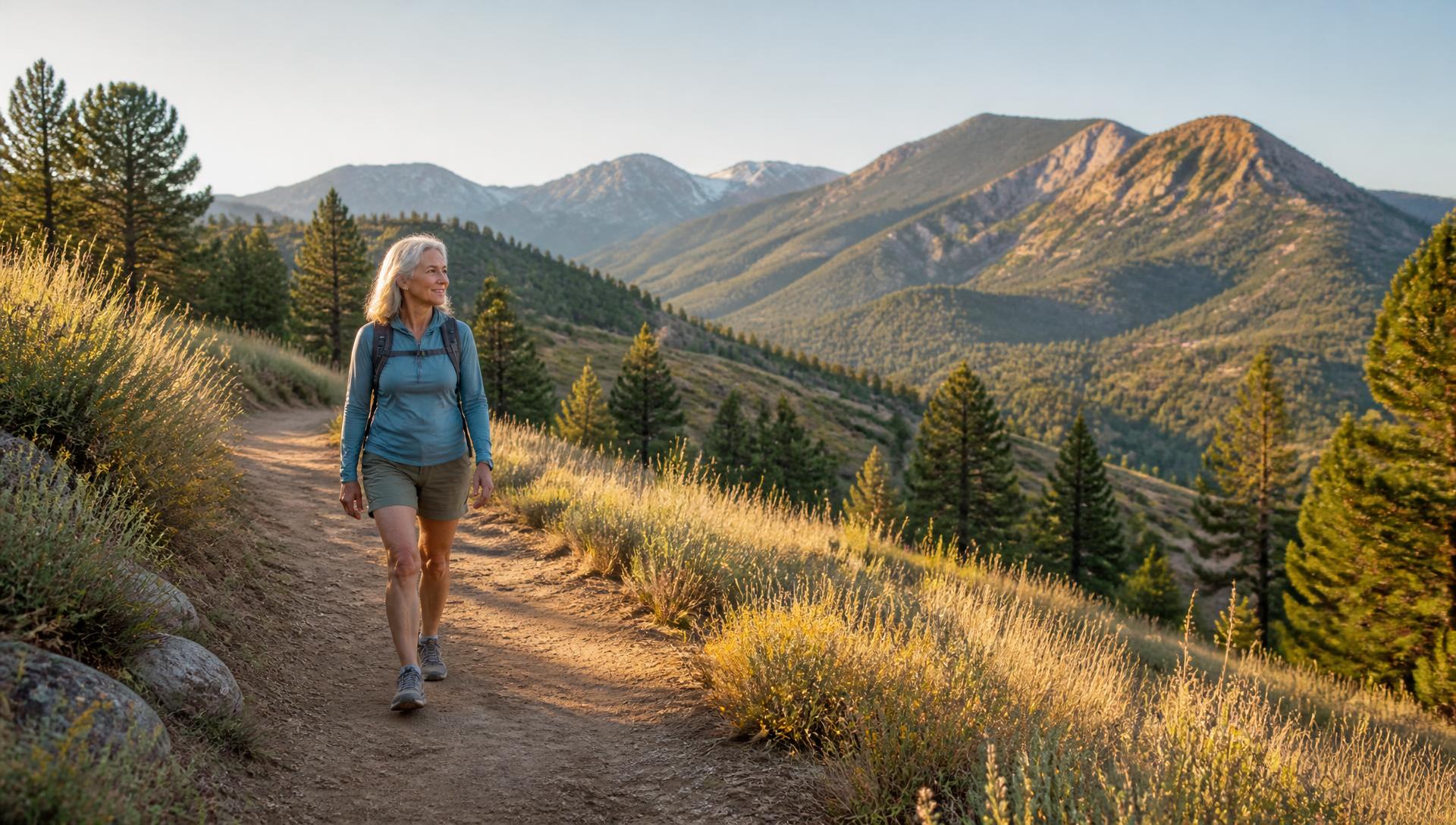 A woman walking confidently along a foothills trail
