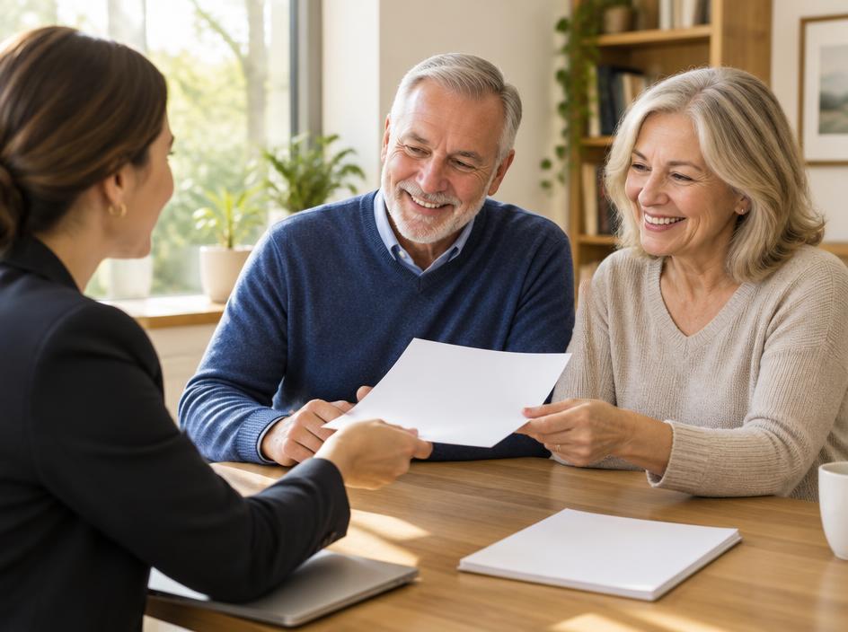 Coach handing a written summary to a smiling older couple at a table