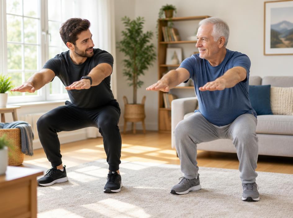 Coach demonstrating a first squat exercise as an older man follows along