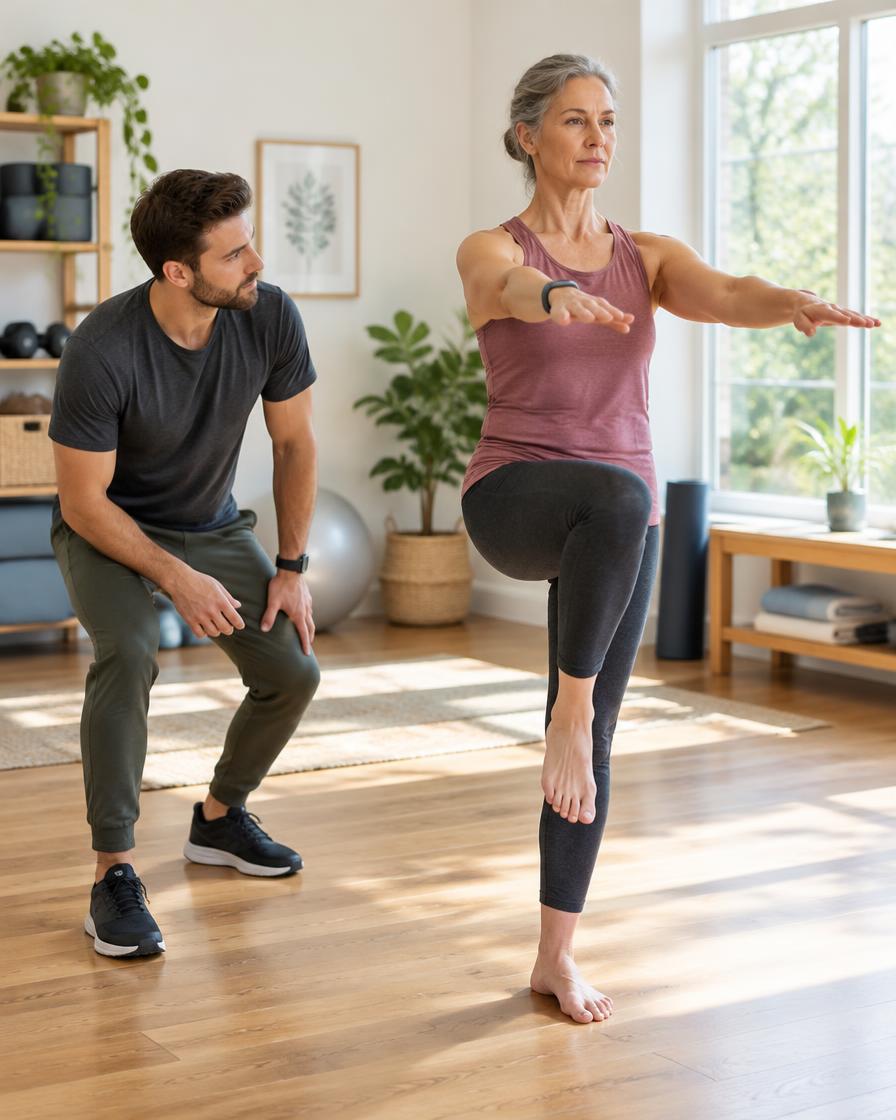 Coach watching closely as an older woman balances on one leg during a movement screen