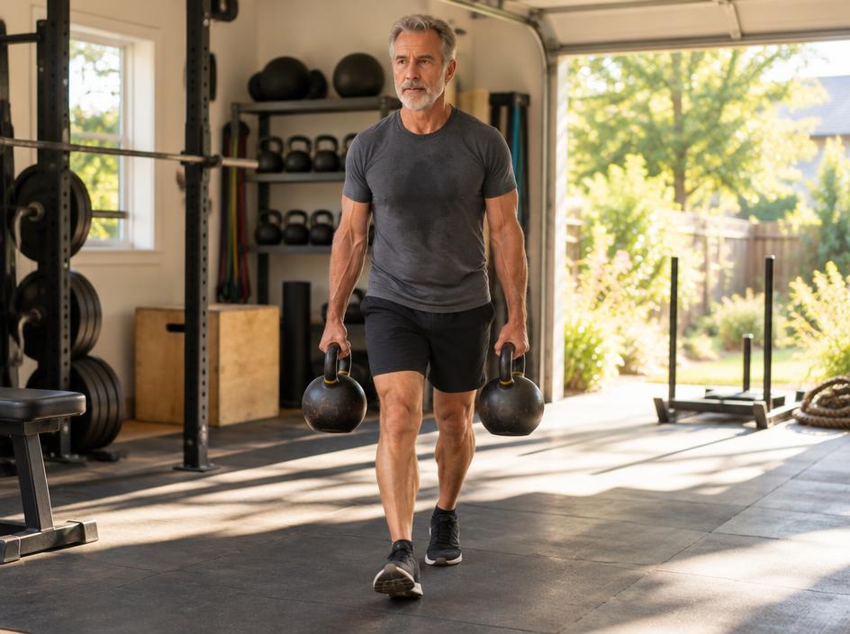 Older man carrying two kettlebells across a sunny garage gym