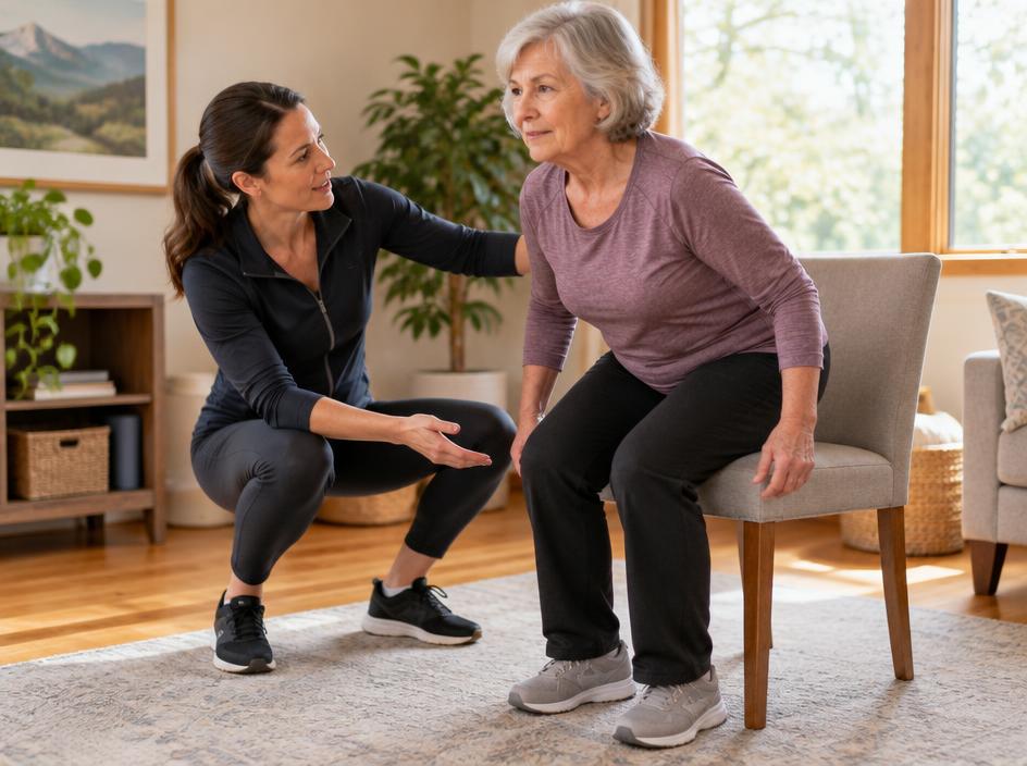 Coach guiding a woman in her sixties through a sit-to-stand from a chair