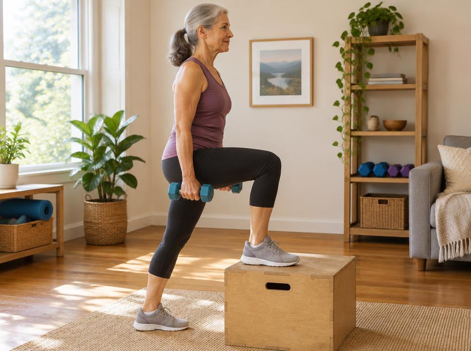 Older woman stepping up onto a low wooden box holding light dumbbells