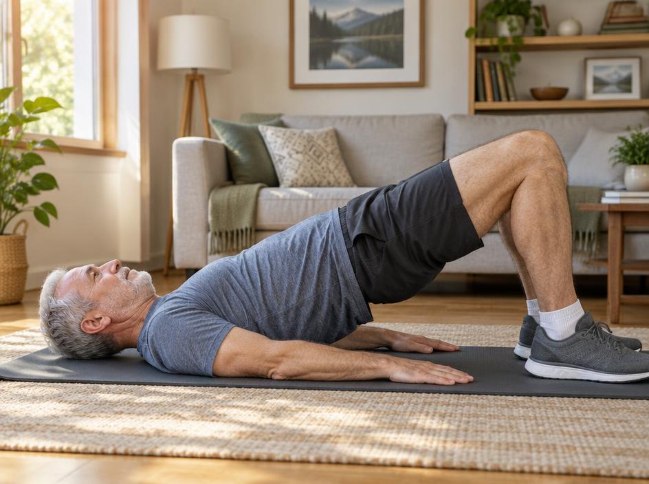 Man in his sixties doing a glute bridge on a mat in his living room