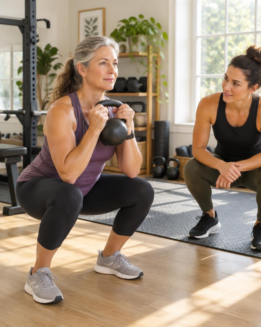 Woman in her late fifties holding a kettlebell in a goblet squat while a coach watches her form