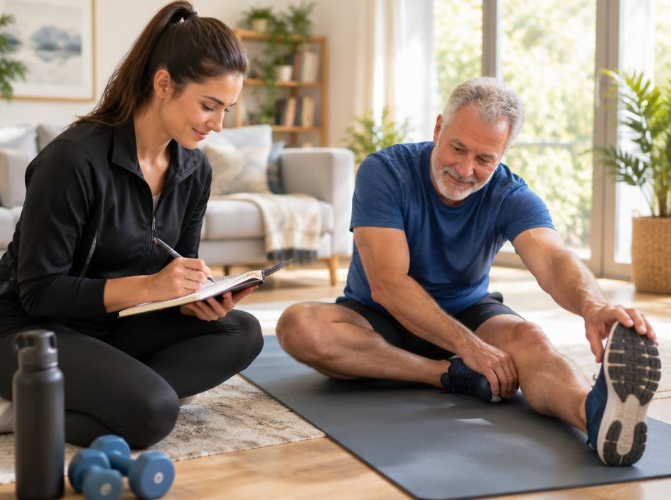 Coach writing notes in a training plan beside an older man stretching on a mat