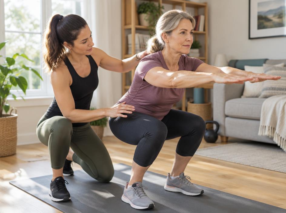 Coach guiding the posture of a woman in her fifties during a supported squat at home