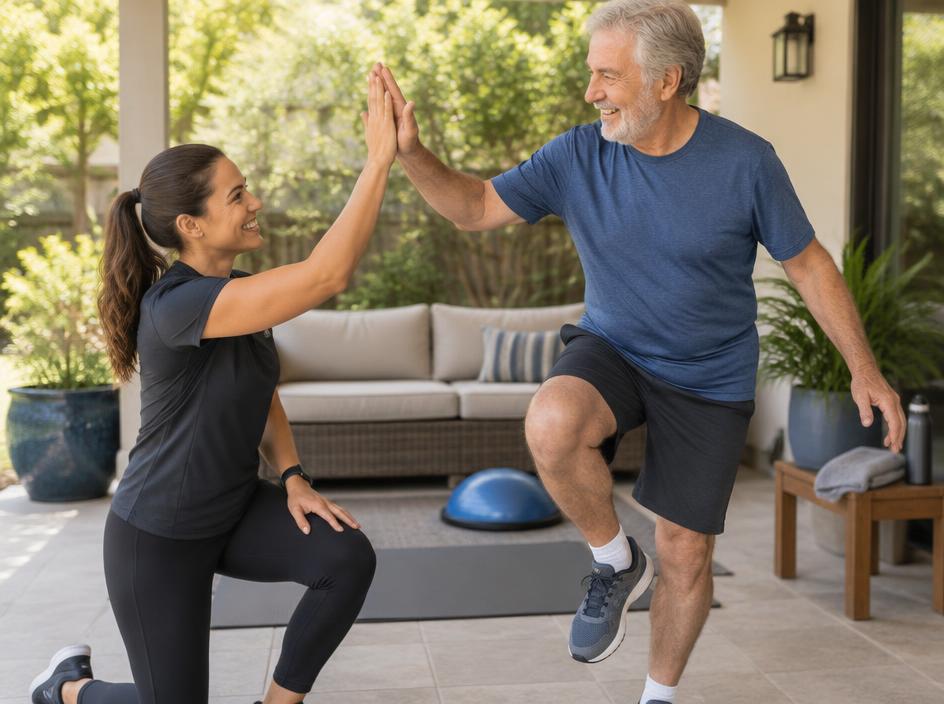 Coach and older man sharing a high five after a balance exercise on a patio