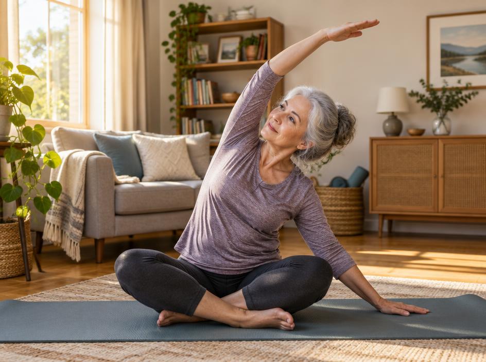 Woman in her sixties doing a seated side stretch on a mat in her living room