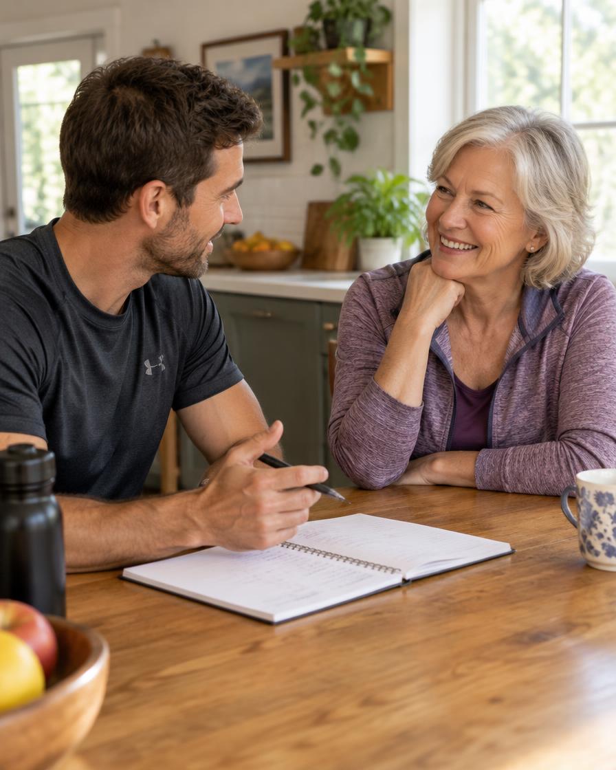 Movement coach and smiling woman in her sixties talking through goals at a kitchen table before a session