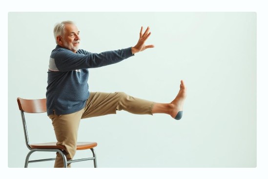 An older man performing a seated leg extension with his arms reaching forward