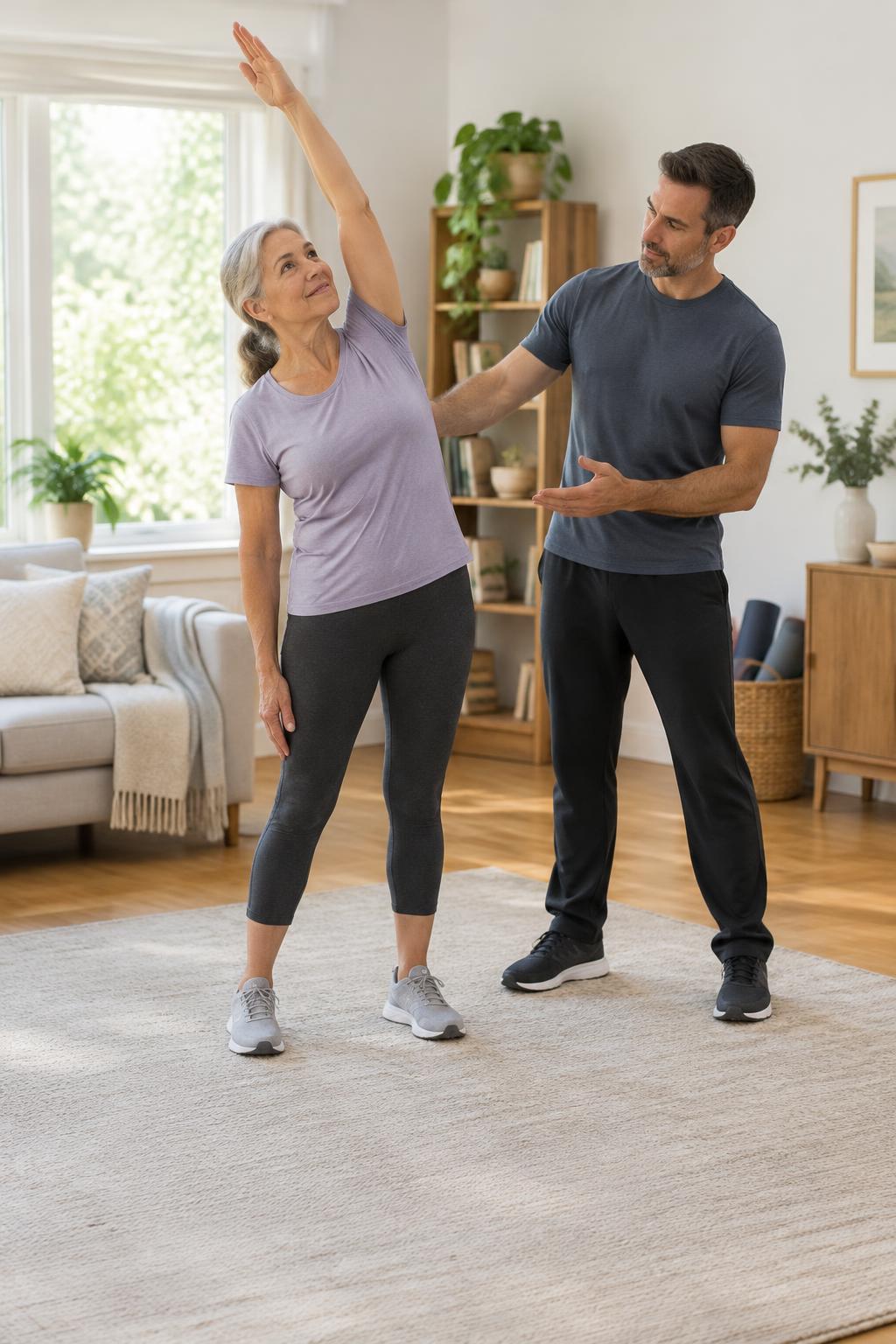 An adult woman practicing a standing reach with guidance from a movement coach in a naturally lit home.