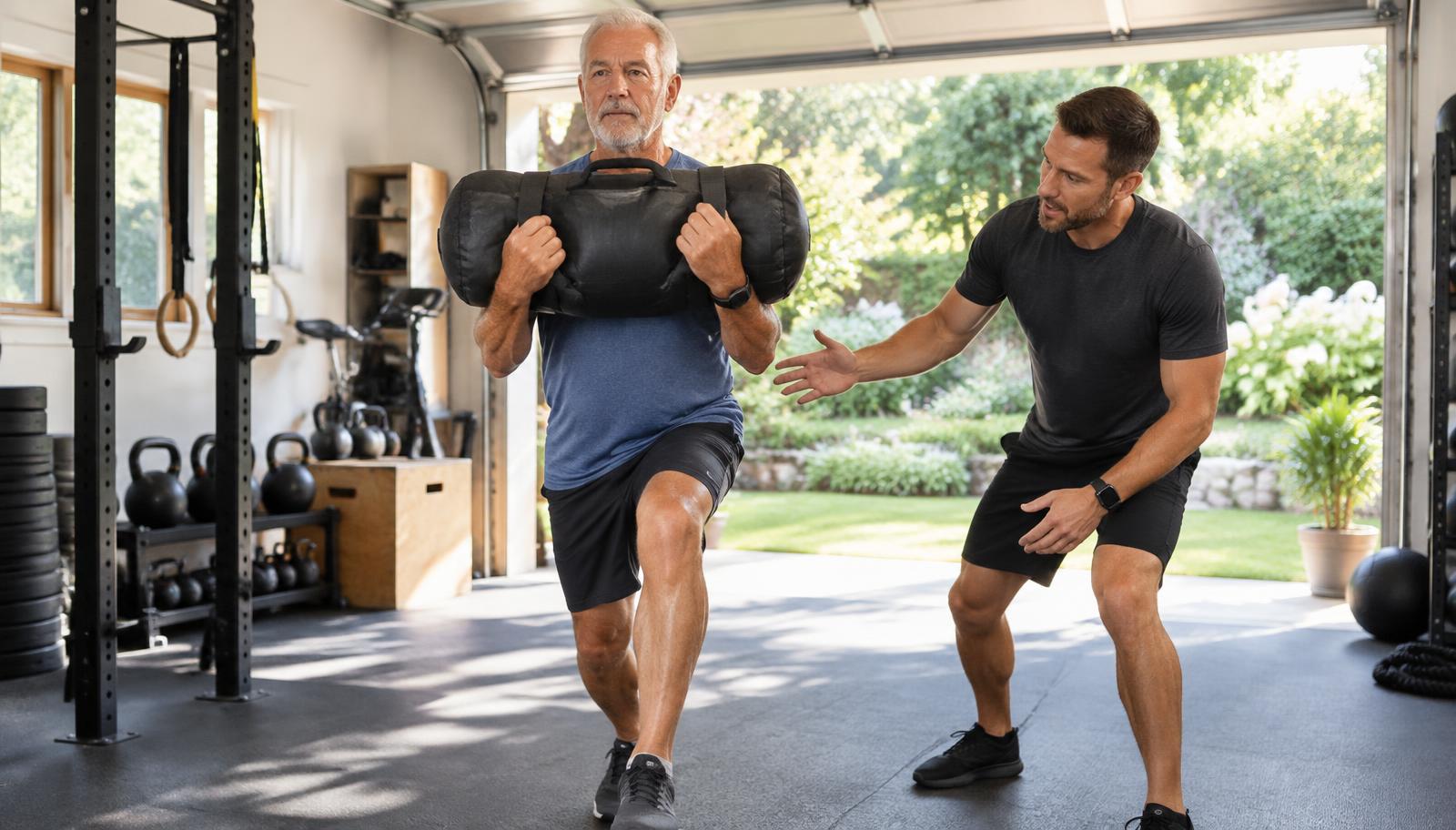Older man holding a training sandbag during a controlled lunge while a coach guides his form in a bright garage gym