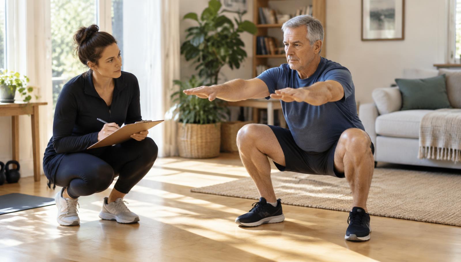 Coach with a clipboard observing an older man performing a deep squat during a movement screening at home