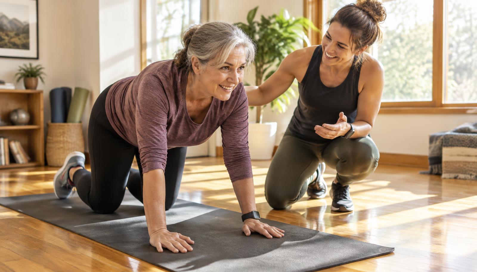 Smiling woman in her late fifties crawling on a mat while a coach kneels beside her offering encouragement