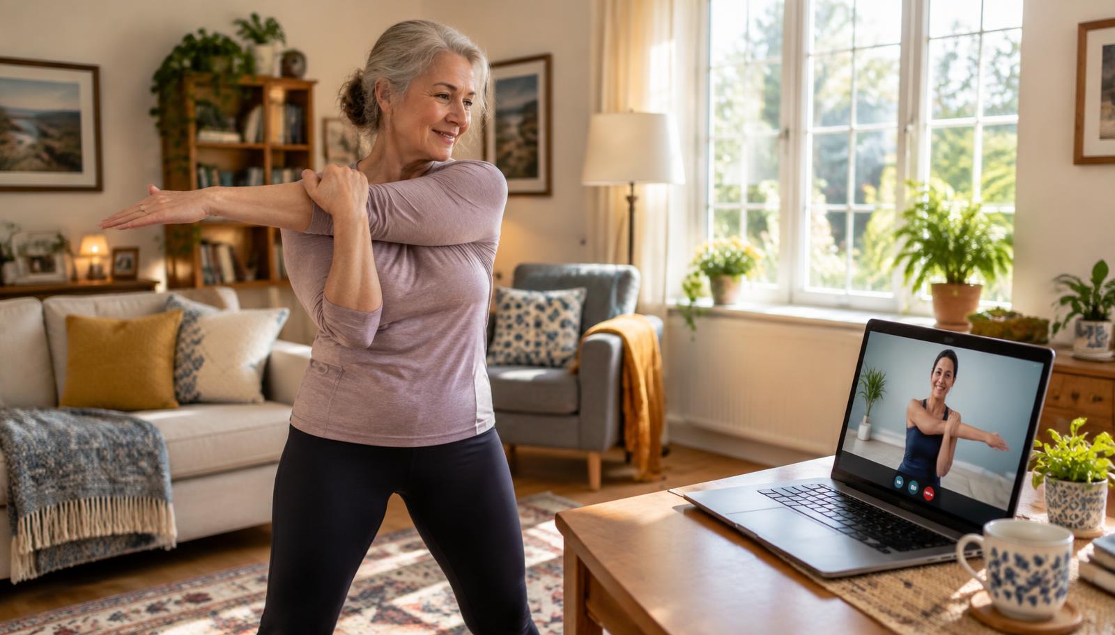Woman in her sixties stretching her shoulder in her living room while following a coach on a laptop video call